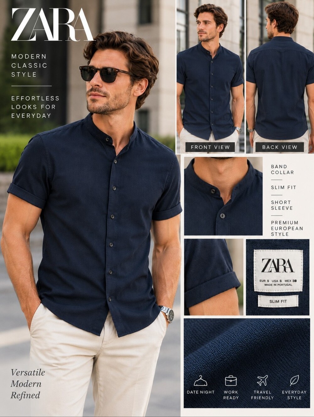 Zara Men’s Small Slim Fit Navy Short Sleeve Button Up Shirt Portugal